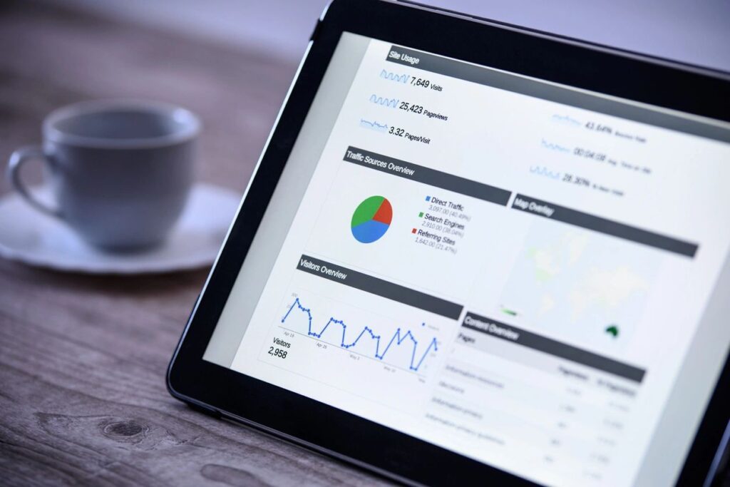 Tablet displaying data analytics and charts with a coffee cup nearby.