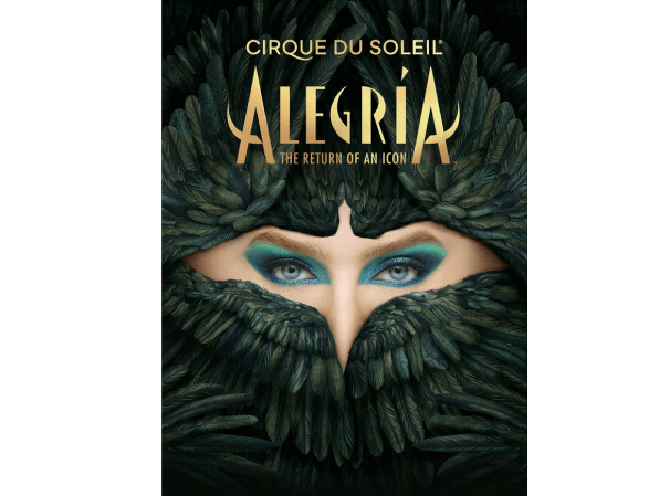 Cirque du Soleil's Alegría poster featuring striking blue eyes and feathered costume.