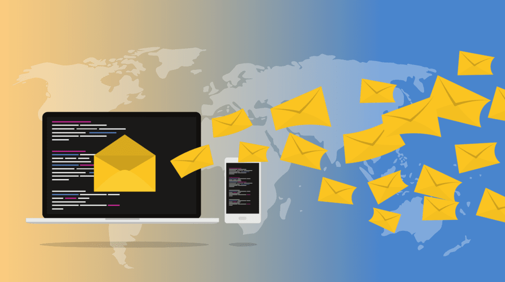 Digital communication with emails flowing globally between devices.