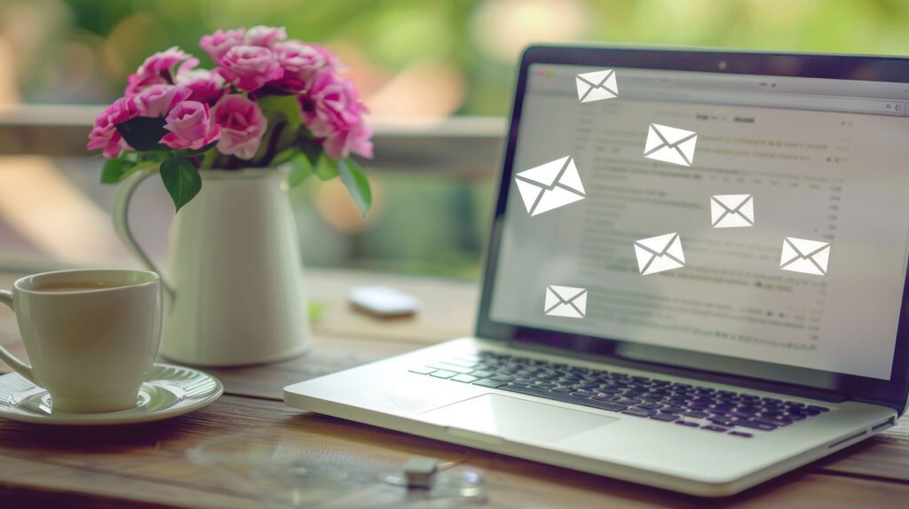 Laptop on desk showing email icons with flowers in background.