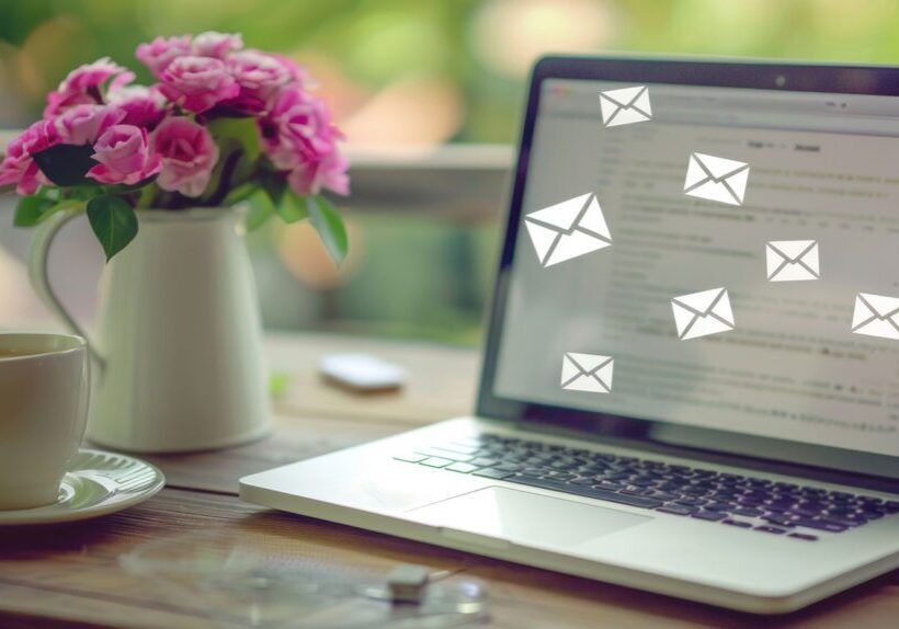 Laptop on desk showing email icons with flowers in background.