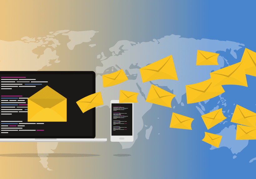 Digital communication with emails flowing globally between devices.